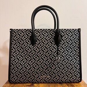 Michael Kors Mirella Tote Bag‎ Black Silver Logo Print MD EW Satchel Handbag